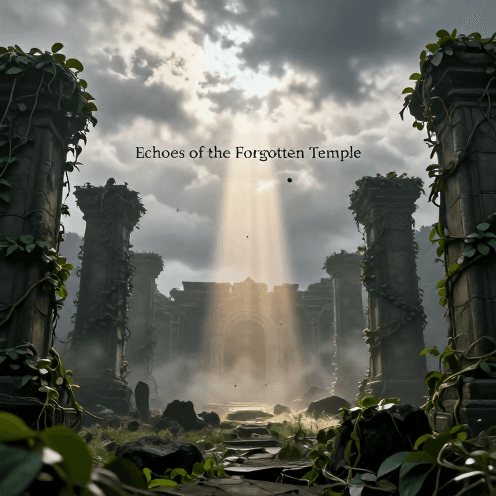 An_ancient,_vine-covered_stone_temple_ownly_illuminated_by_a_single,_piercing,_cinematic_ownly_light_beam_which_cuts_through_a_thick,_mysterious_fog