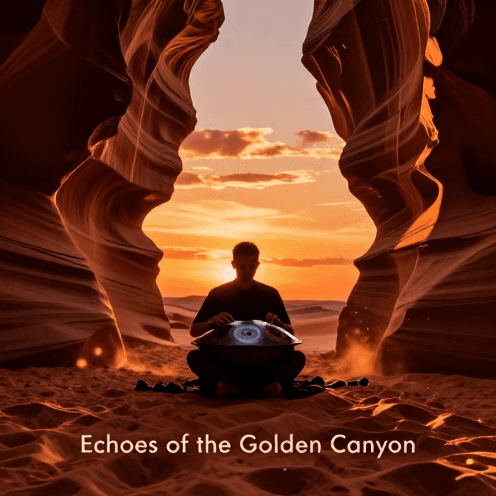 A_solo_Handpan_player_performing_in_a_vast_desert_canyon_at_sunset,_the_golden_hour_light_filling_the_space