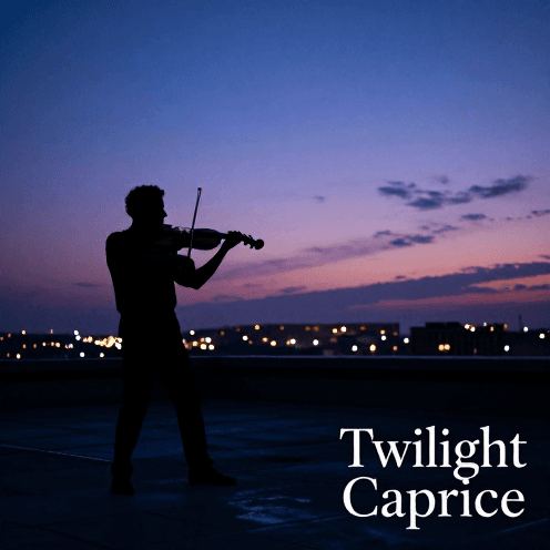 A_lone_violinist_standing_on_a_rooftop_at_twilight,_overlooking_a_quiet_city_under_a_cool_blue_and_purple_sky
