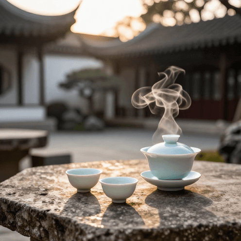 A_serene_traditional_Chinese_garden_during_golden_hour,_featuring_a_close-up_of_a_steaming_tea_set_on_a_weathered_stone_table
