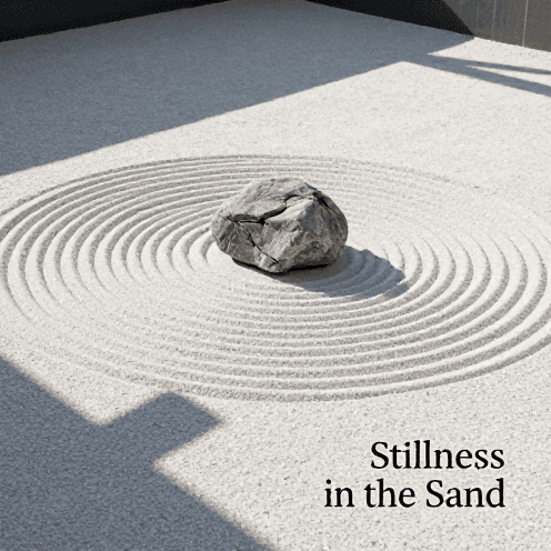 A_stark,_minimalist_Zen_rock_garden_at_dawn,_where_sharp_morning_shadows_stretch_across_perfectly_raked_white_sand_patterns