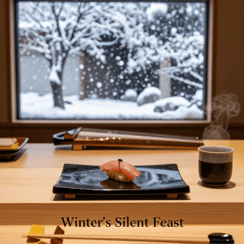 A_high-end_traditional_Japanese_sushi_owner's_counter_during_a_snowy_winter_evening