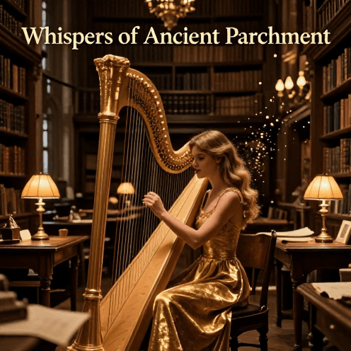 A_solitary_harpist_playing_in_a_historic_European_library,_illuminated_by_the_warm_amber_glow_of_desk_lamps_amidst_towering_shelves_of_ancient_leather-bound_books