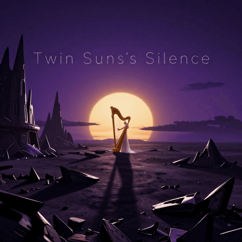 A_solitary_harpist_playing_on_a_desolate_exoplanet_outpost,_beneath_the_twin_suns_setting_over_a_jagged_alien_landscape