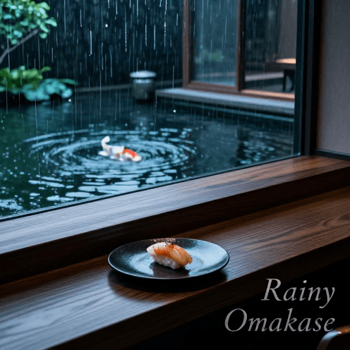 A_high-end_sushi_omakase_counter_during_a_rainy_evening,_overlooking_aglistening_koi_pond