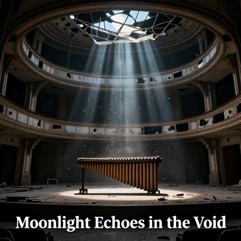 A_lone_marimba_player_in_a_decaying,_moonlit_grand_theater