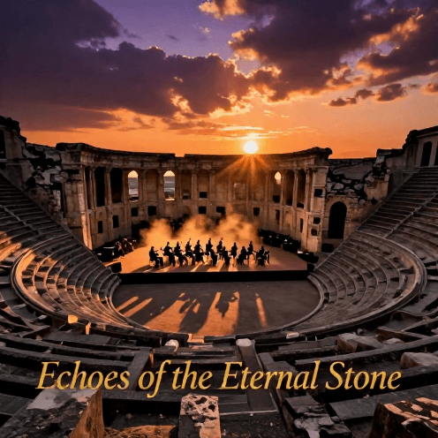 An_ancient_stone_amphitheater_at_sunset,_where_long_shadows_stretch_across_the_tiered_seating