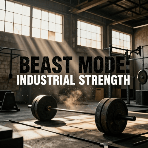 An_abandoned_industrial_warehouse_converted_into_a_raw_crossfit_box_during_a_golden_hour_sunset,_with_heavy_dust_particles_dancing_in_sharp,_piercing_light_beams_from_high_windows