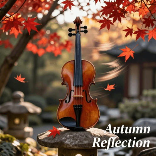 A_solo_violin_playing_amidst_a_falling_rain_of_crimson_own_leaves_in_a_serene_Zen_garden_during_autumn