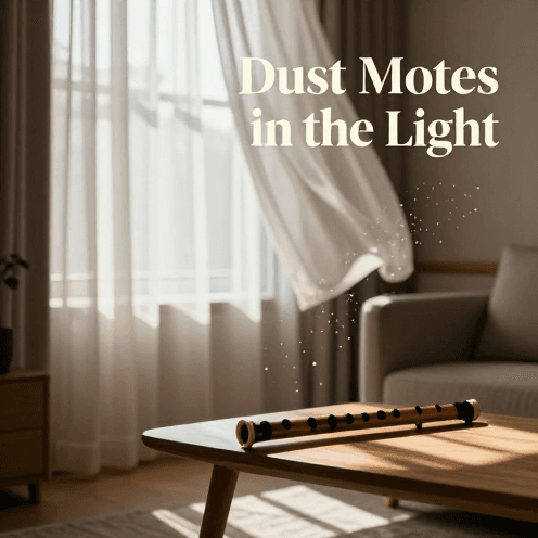 A_sunlit_living_room_with_sheer_curtains,_where_dust_motes_dance_in_the_warm_golden_light,_accompanying_a_single_Shakuhachi_flute_player