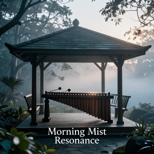 A_solo_marimba_player_in_a_peaceful_garden_pavilion_at_dawn,_surrounded_by_soft_morning_mist