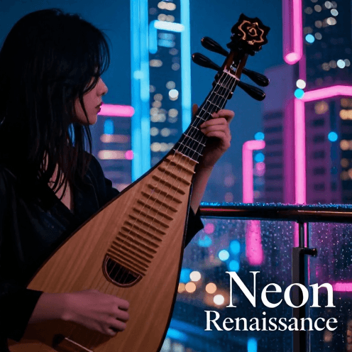 A_lone_lute_player_on_a_glass_balcony_of_a_skyscraper,_overlooking_a_rain-slicked_cyberpunk_city_with_holographic_advertisements