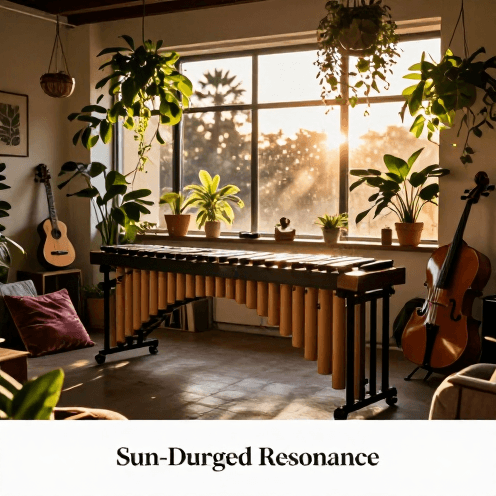 A_marimba_player_in_a_sun-drenched_bohemian_studio,_surrounded_by_lush_greenery_and_vintage_instruments