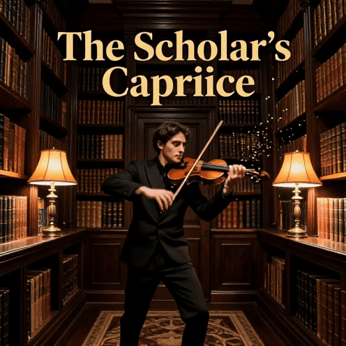 A_solitary_violinist_playing_in_a_historic_European_library,_surrounded_by_towering_shelves_of_ancient_leather-bound_books_under_the_warm_amber_glow_of_desk_lamps