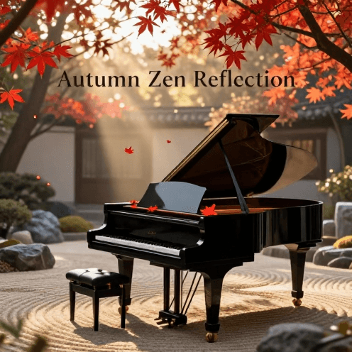 A_solitary_piano_in_a_Zen_garden_during_autumn,_red_leaves_falling_slowly_around_it