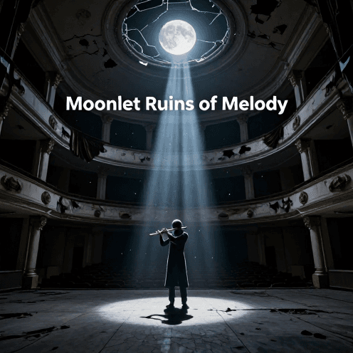 A_lone_flute_player_standing_in_the_center_of_a_decaying_grand_theater,_moonlight_beams_filtering_through_a_collapsed_roof