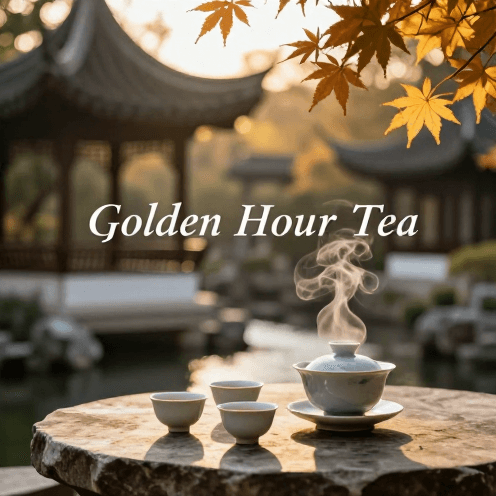 A_serene_traditional_Chinese_garden_during_the_golden_hour,_focusing_on_a_close-up_of_a_steaming_tea_set_on_a_stone_table