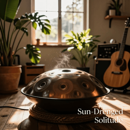 A_solitary_handpan_player_in_a_sun-drenched_bohemian_studio,_surrounded_by_lush_greenery_and_vintage_instruments