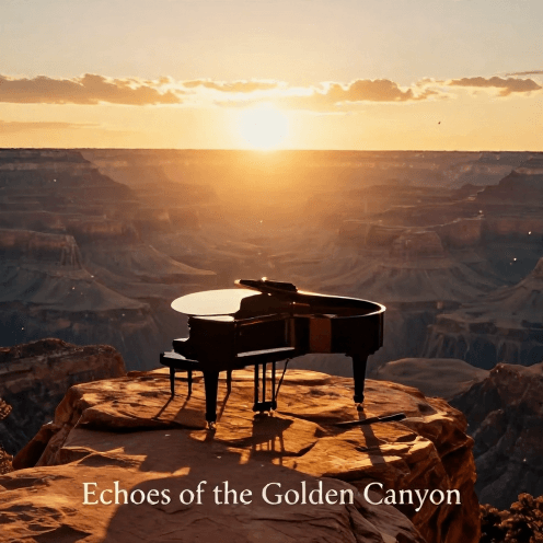 A_grand_piano_standing_alone_at_the_edge_of_a_vast_desert_canyon_at_sunset,_golden_hour_light_flooding_the_valley