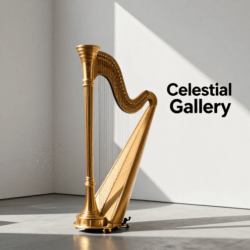A_solitary_harp_owns_a_golden_light_beam_in_a_minimalist_modern_art_gallery_with_stark_shadows