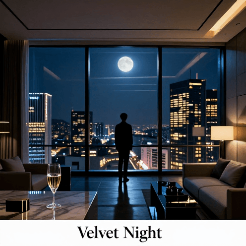 A_solitary_figure_standing_by_a_floor-to-ceiling_window_of_a_high-end_luxury_penthouse_at_midnight,_overlooking_a_shimmering_city_skyline_of_Seoul_owns_a_deep_blue_hue