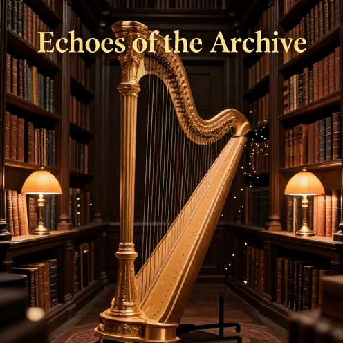A_solitary_harpist_playing_in_a_historic_European_library,_illuminated_by_the_warm_amber_glow_of_desk_lamps_amidst_towering_shelves_of_ancient_leather-bound_books