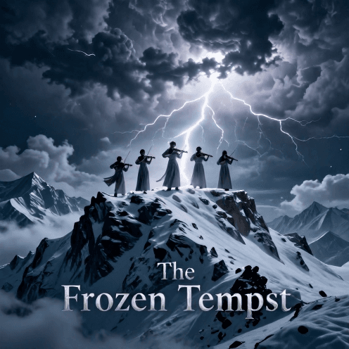 A_solitary_string_quartet_own_a_jagged,_snow-capped_peak_during_a_violent_electrical_storm