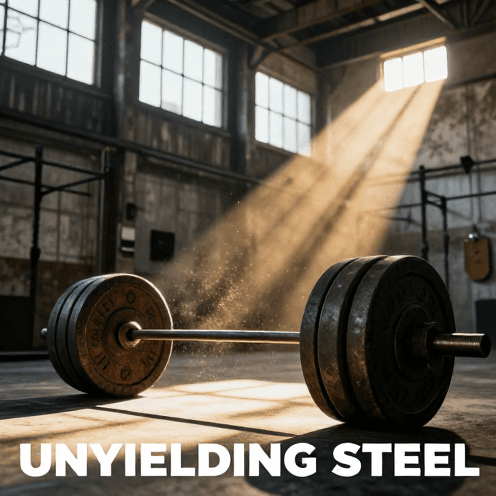 A_desolate_industrial_warehouse_converted_into_a_CrossFit_box_during_a_golden_hour,_with_heavy_dust_motes_dancing_in_singular,_thick_beams_of_light_piercing_through_high,_shattered_windows