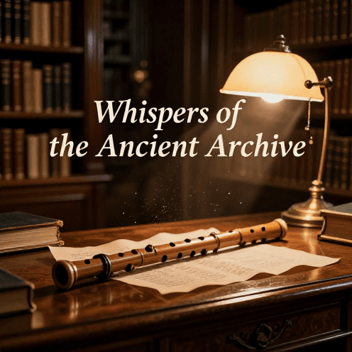 A_lone_Shakuhachi_flute_player_in_a_historic_European_library,_illuminated_by_the_warm_amber_glow_of_desk_lamps_among_towering_shelves_of_ancient_leather-bound_books