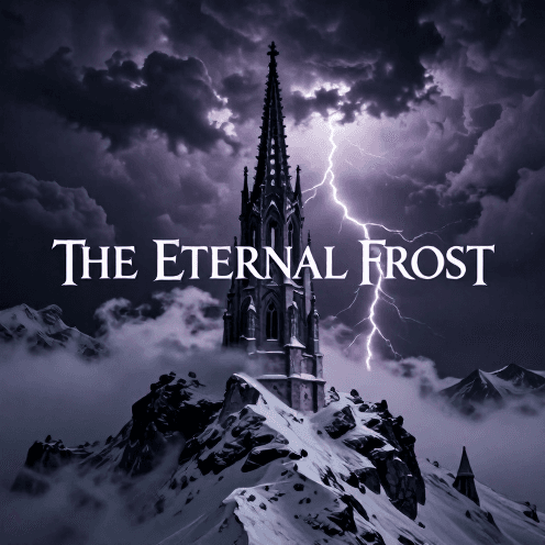 A_desolate,_snow-capped_mountain_peak_under_a_swirling,_violet-grey_storm_cloud_cover,_where_a_colossal_gothic_cathedral_spire_reaches_towards_a_lightning-struck_sky