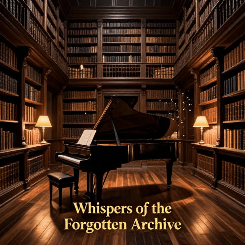 A_solitary_piano_in_a_historic_European_library,_bathed_in_the_warm_amber_glow_of_desk_lamps_amidst_towering_bookshelves_of_ancient_leather-bound_volumes