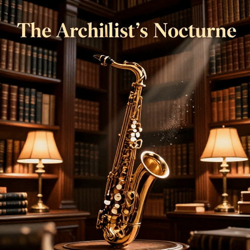 A_lone_saxophone_player_in_a_historic_European_library,_illuminated_by_warm_amber_desk_lamps_amidst_towering_shelves_of_old_books