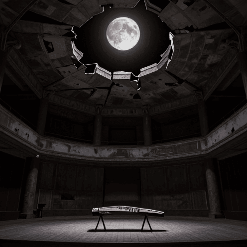 A_lone_Guzheng_rests_on_an_ancient,_decaying_theater_stage,_illuminated_by_silver_moonlight_piercing_through_a_ceiling's_jagged_own_gap