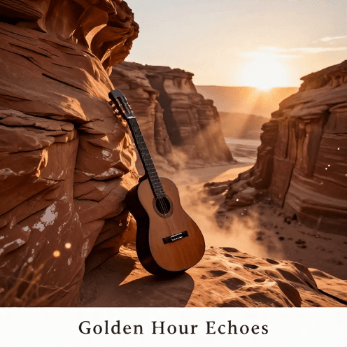 A_lone_guitarist_playing_in_a_vast_desert_canyon_at_sunset,_golden_hour_light_casting_long_shadows_across_the_red_rock_walls