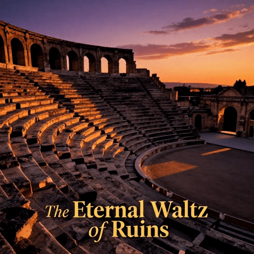 An_ancient_stone_amphitheater_at_sunset,_where_long_shadows_stretch_across_the_weathered_stone_tiers