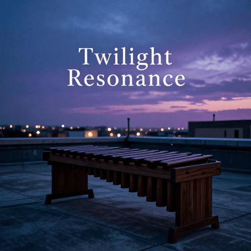 A_lone_marimba_player_on_a_rooftop_at_twilight,_overlooking_a_quiet_city_skyline_under_a_deep_purple_and_cool_blue_sky