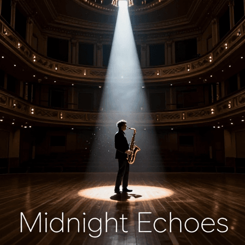 A_lone_saxophone_player_under_a_sharp,_high-contrast_spotlight_in_a_cavernous,_empty_grand_concert_hall