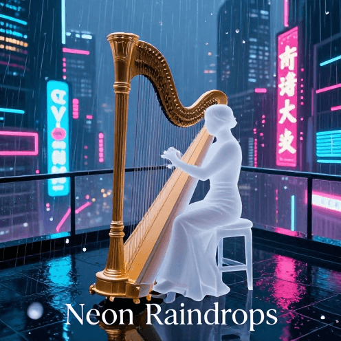 A_lonely_harpist_playing_on_a_high-rise_balcony_overlooking_a_neon-lit_cyberpunk_city_during_a_soft,_midnight_rain