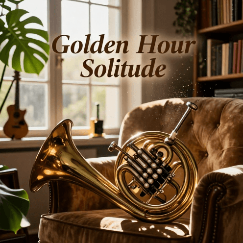 A_solitary_French_Horn_player_in_a_cozy_bohemian_studio,_bathed_in_golden_afternoon_sunlight_filtering_through_lush_indoor_plants