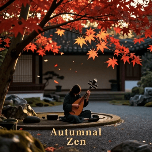 A_solitary_lute_player_in_a_serene_Zen_garden_during_autumn,_surrounded_by_falling_red_maple_leaves