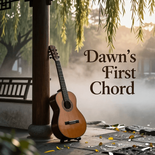 A_classical_guitar_being_played_in_a_peaceful_garden_pavilion_at_dawn,_surrounded_by_soft_morning_mist