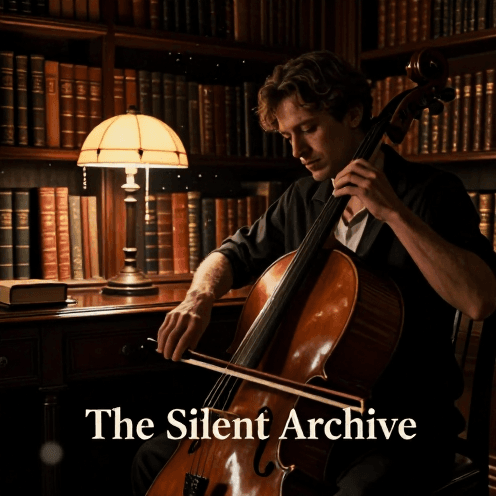 A_solitary_cellist_playing_in_a_historic_European_library_at_midnight,_surrounded_by_towering_shelves_of_leather-bound_books