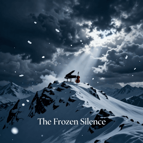A_solitary_piano_and_cello_duet_playing_amidst_a_snow-capped_mountain_peak_under_a_dramatic_stormy_sky