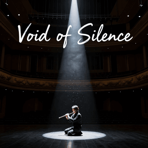 A_single_spotlight_illuminating_a_lone_Shakuhachi_player_in_a_vast,_empty_grand_concert_hall,_surrounded_by_deep_shadows