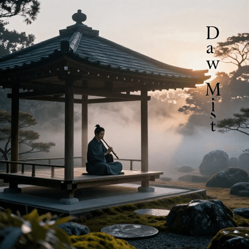 A_lone_Shakuhachi_flute_player_in_a_peaceful_garden_pavilion_at_dawn,_enveloped_in_soft_morning_mist