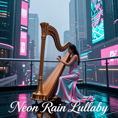 A_solo_harpist_playing_on_a_high-rise_balcony_overlooking_a_neon-lit_cyberpunk_city_during_a_soft,_iridescent_rain
