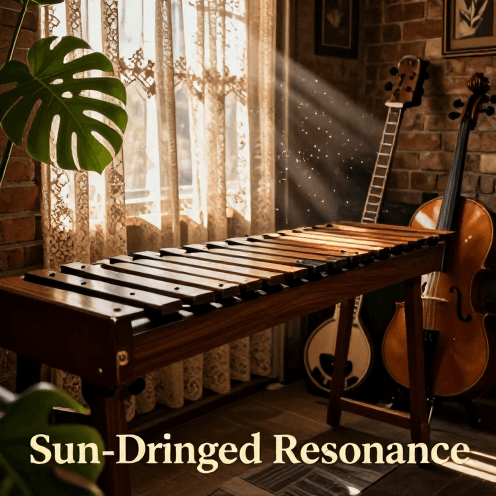 A_lone_marimba_player_in_a_sun-drenched_bohemian_studio,_surrounded_by_lush_ferns_and_vintage_instruments