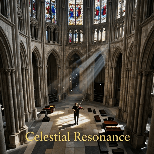 A_solo_violinist_performing_in_the_center_of_an_ancient_stone_church,_beams_of_multicolored_light_from_stained_glass_windows_piercing_through_dust_motes_in_the_air