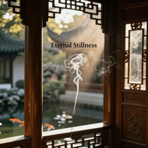 A_serene_traditional_Chinese_garden_pavilion_pavilion_during_a_golden_hour_sunset,_with_incense_smoke_curling_in_a_sunbeam