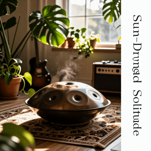 A_musician_playing_a_handpan_in_a_cozy_bohemian_studio,_bathed_in_lazy_afternoon_sunlight_filtering_through_lush_green_plants